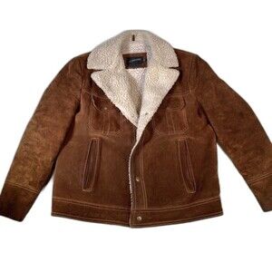 VTG Jc Penny Cowhide Leather Western Cowboy Jacket Fur Sherpa Line Marlboro 42R